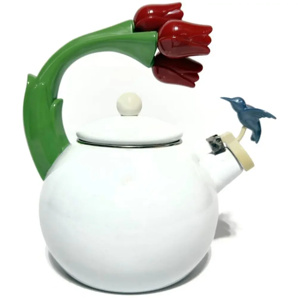 Ancona White Enamel Whistling Tea Kettle Hummingbird Red Tulips Vintage 1990s